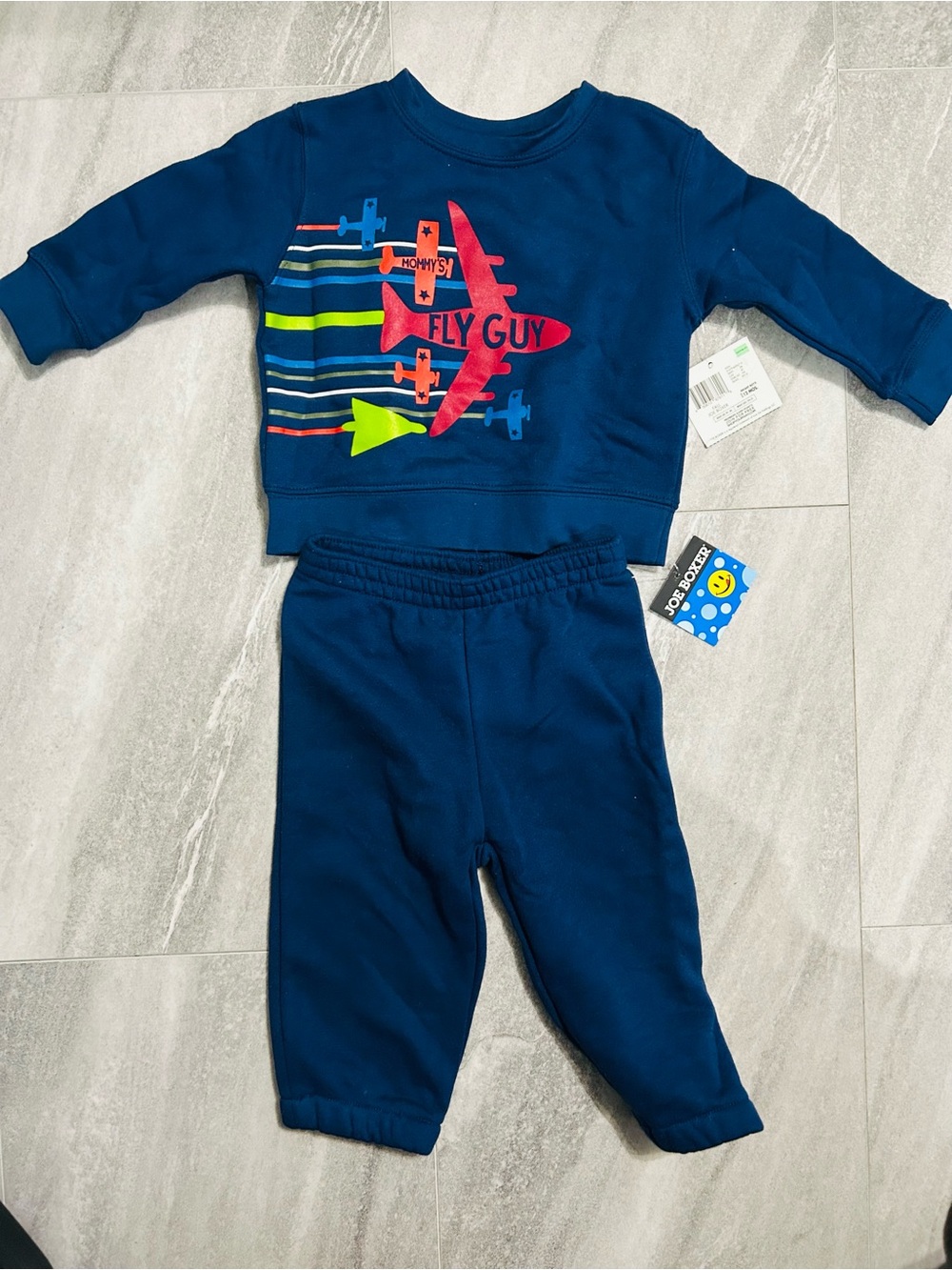 Joe Boxer Navy Sweatshirt & Joggers Set with Red Plane and Neon Green Accent